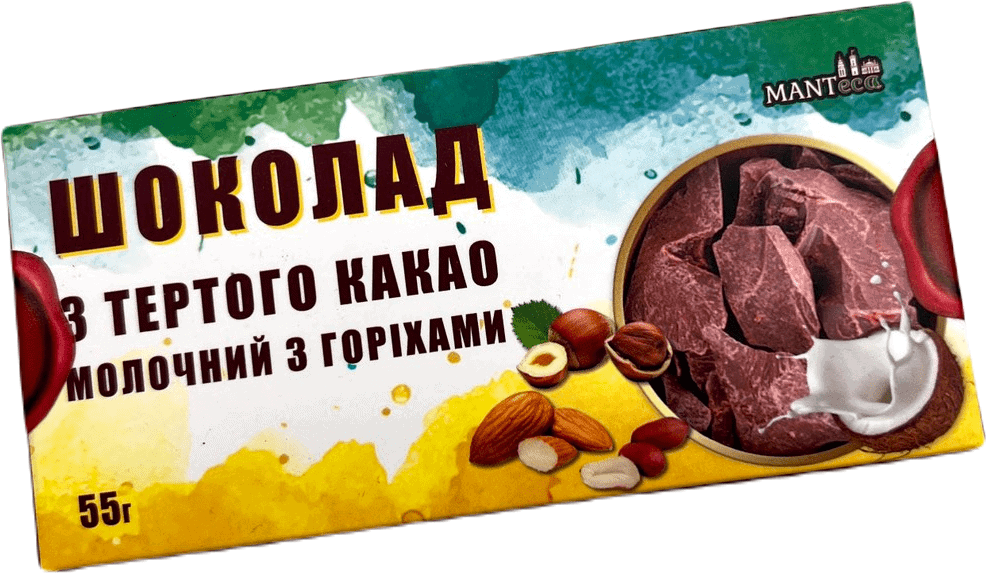 Шоколад із тертого какао молочний із горіхами (без цукру ), 55г