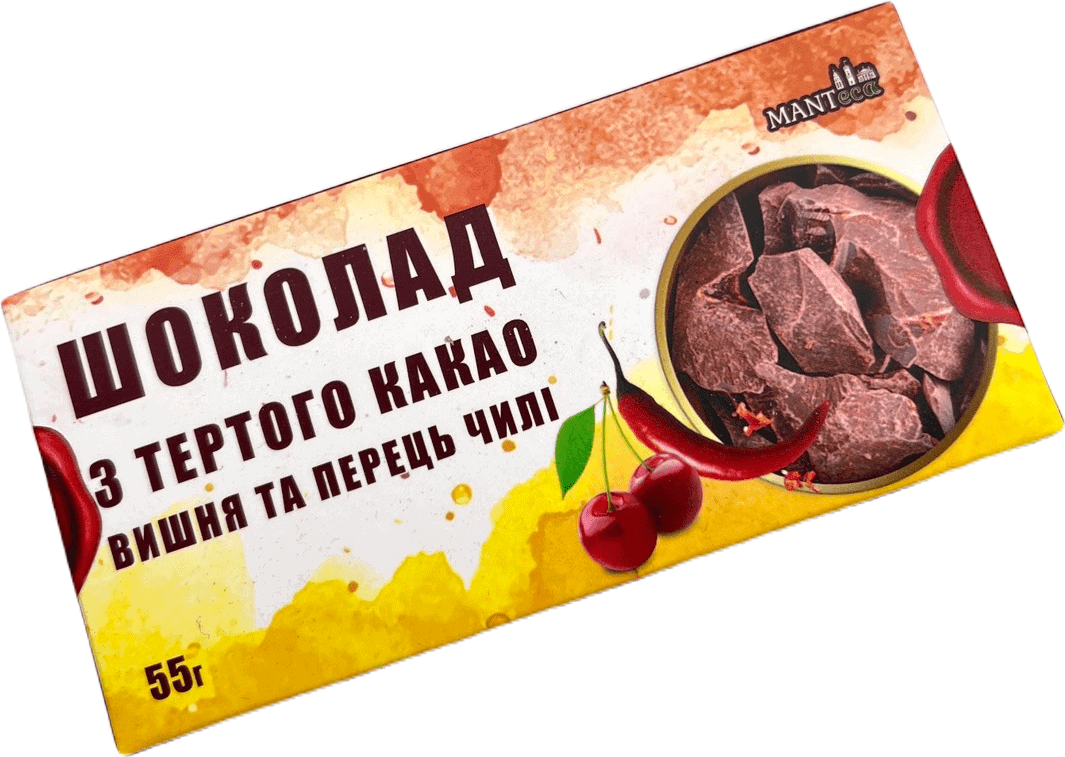 Шоколад із тертого какао з вишнею та перцем чилі (без цукру ), 55г
